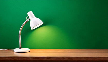 Generated image a table lamp placed on the desk; green isolated background; space for text or logo