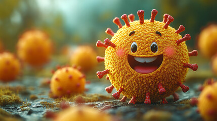 A colorful cartoon virus personification with a cute face, featuring covid spike glycoprotein in a playful 3D render, symbolizing modern interpretations of pathogens in a light-hearted way