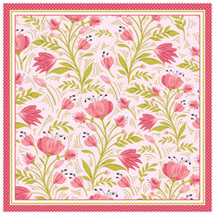 A luxury floral scarf patterned with pink flowers and green leaves on a light background, bordered by polka dots.