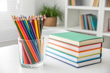 "A vibrant stack of study books alongside a clear glass of multi-colored pencils, placed on a white workspace, representing professional learning and training."