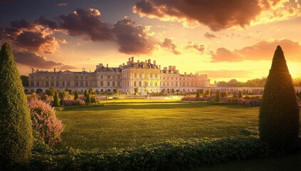 Obraz premium grand estate aglow a stunning vista of manicured lawns elegant architecture and vibrant floral displays bathed in the warm hues of a setting sun