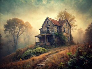 Retro photo: An old house, lost in foggy autumn, whispers tales of forgotten grandeur.
