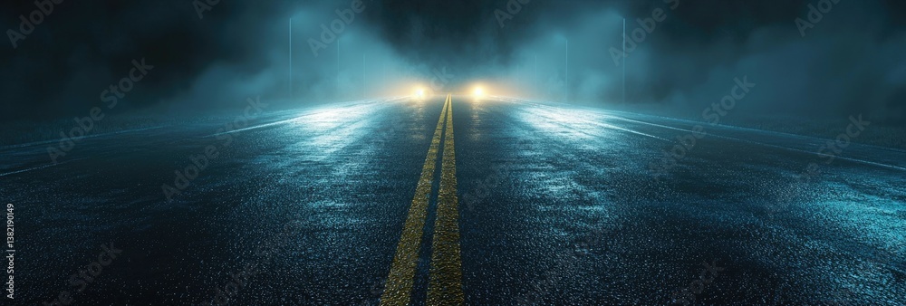 Poster abstract dark background, illuminated with blue light and fog on the asphalt floor. empty scene for 