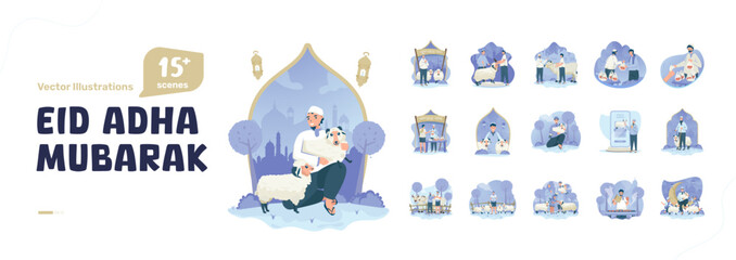 Islamic illustration set of Muslims celebrating Eid al-Adha vector design