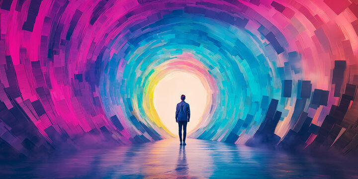 Man standing in front of the entrance to a psychedelic tunnel