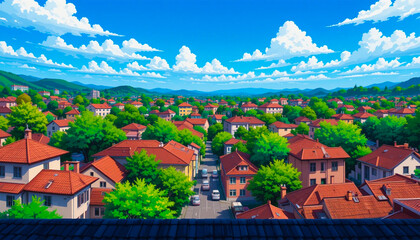 Naklejka premium Bright Blue Summer Sky with White Fluffy Clouds Over Countryside
