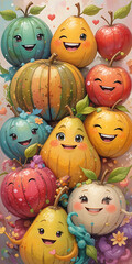 Fototapeta premium A variety of colorful fruits with playful, cartoonish faces and green leaves, including smiling apples, cheerful bananas, and winking oranges, all arranged in a lively, whimsical display.