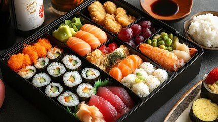 Japanese sushi bento box with salmon tuna and avocado rolls assortment