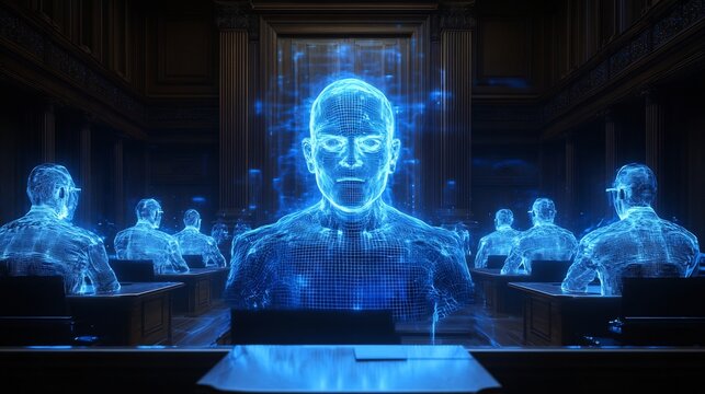 Holographic courtroom scene featuring a digital judge and jury