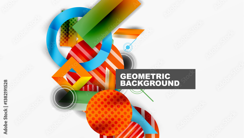 Poster bright geometric shapes overlap. vibrant colors create dynamic composition. modern design element fo