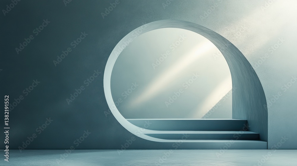Poster a minimalistic interior featuring a circular window and steps, illuminated by soft light, creating a