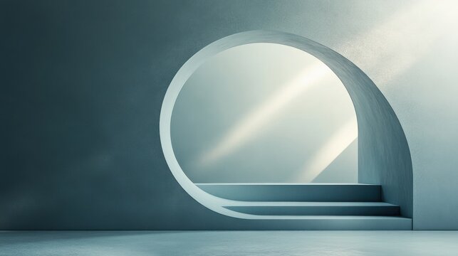 A minimalistic interior featuring a circular window and steps, illuminated by soft light, creating a serene and modern atmosphere.