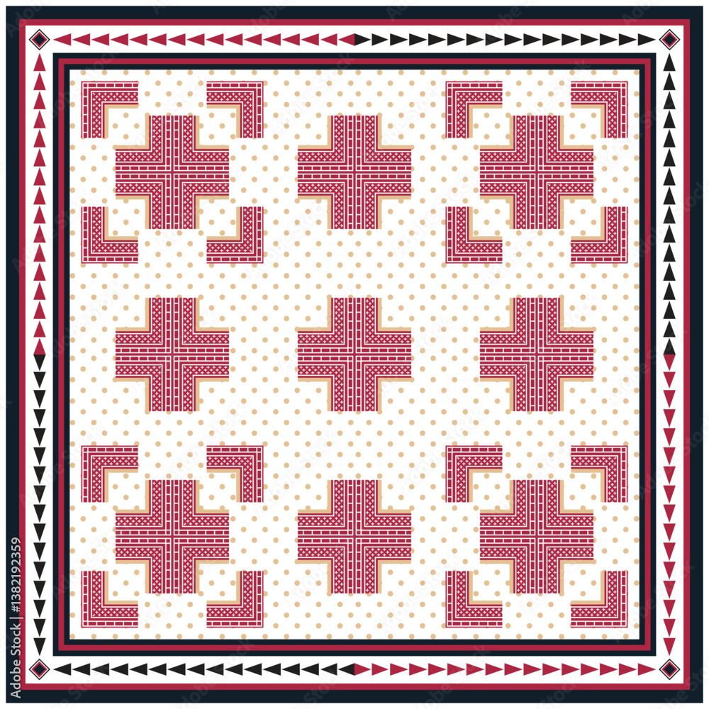 Fototapete A seamless print pattern of red and white maze-like square graphics tiled across the image.