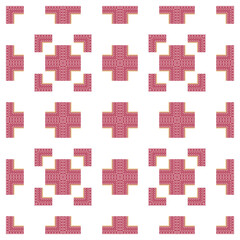 A repeating geometric pattern of stylized red crosses with intricate detailing on a white background.