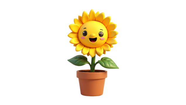 Smiling Sunflower in Flowerpot Cartoon Illustration on Transparent Background - Powered by Adobe
