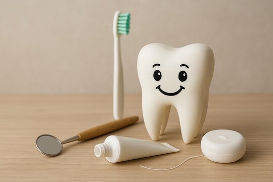 Figura de diente feliz con utensilios de higiene bucal sobre superficie de madera, imagen educativa sobre salud dental