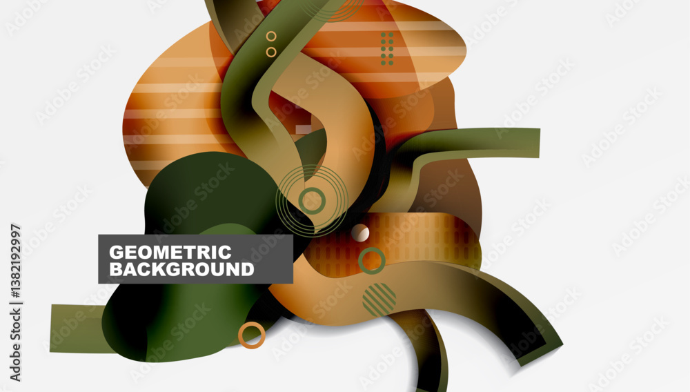 Poster Abstract shapes, orange, green, brown. Overlapping forms create dynamic composition. Modern design, smooth gradients, simple elements. Minimalist aesthetic.