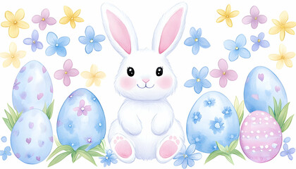 Obraz premium Adorable Easter bunny surrounded by pastel eggs and flowers