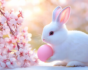 Adorable white bunny holding a pink egg near blooming cherry blossoms