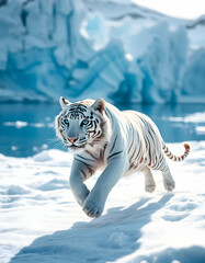 White Tiger Prowling Snowy Landscape with Icebergs on Background