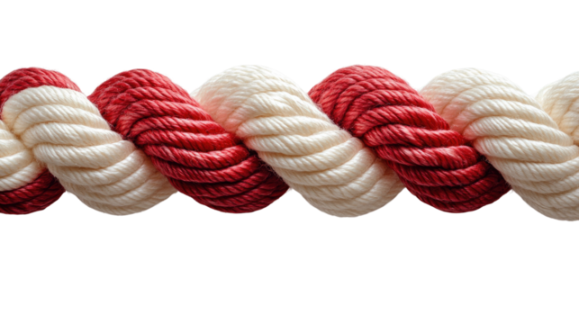 Twisted Rope: A close-up shot of a vibrant, tightly twisted rope, showcasing a seamless blend of crimson and white strands in a harmonious, eye-catching design.