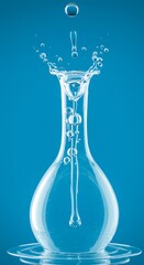 A single drop of water creating a mesmerizing splash in a glass vessel against a vibrant blue background, capturing the elegance of fluid motion.