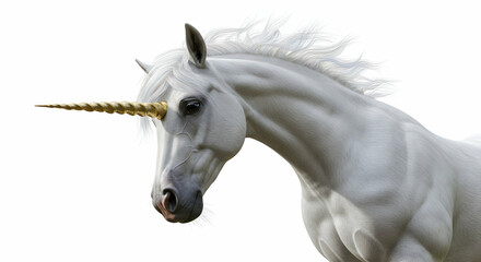 White Unicorn Portrait with Golden Horn Fantasy Animal Close-up