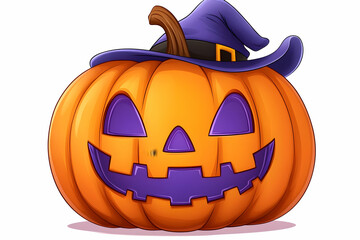 Fototapeta premium Carved pumpkin with witch's hat, Halloween illustration