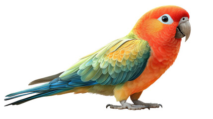 Obraz premium Sun Conure's Vibrant Pose: A captivating sun conure, with its flamboyant display of vivid orange, yellow, and green plumage, strikes a picturesque pose. The bird's sharp gaze exudes alertness.
