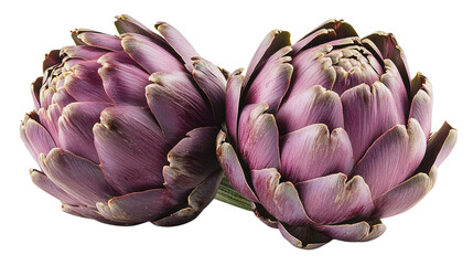 Exquisite Artichokes: A captivating pair of purple artichokes, their delicate petals and unique form highlighted in a photorealistic image, showcasing culinary and botanical beauty.