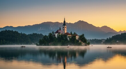 Fototapeta premium Lake Bled Sunrise: Island Church and Majestic Alps