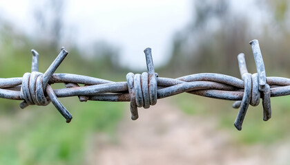 Close-up of rusty barbed wire against blurred natural background