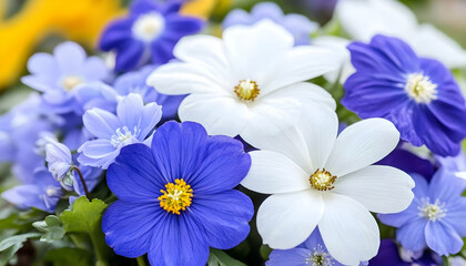 Close-up of vibrant blue and white flowers with yellow centers, nestled together