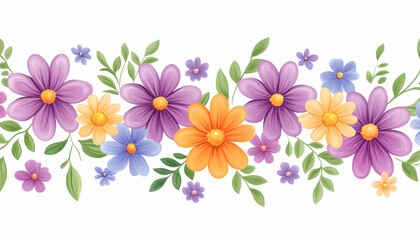 Colorful floral border with purple, orange, and blue flowers and green leaves