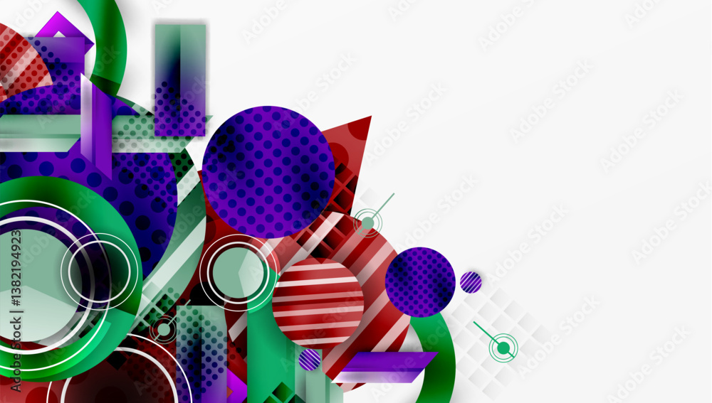 Poster abstract geometric shapes, vibrant colors, overlapping layers. modern design, dynamic composition, v