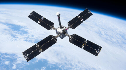 Cube-shaped satellite orbiting Earth, showcasing solar panels against a backdrop of clouds and the planet's curve