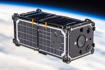CubeSat satellite orbiting Earth, showcasing solar panels and sensors