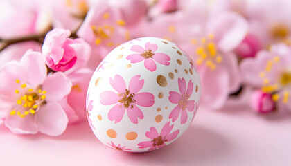 Decorated egg amidst delicate pink blossoms