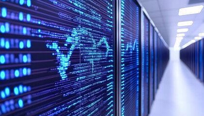 Data center server room with glowing digital map displayed on a server rack