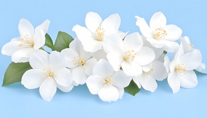 Obraz premium Delicate white blossoms with green leaves arranged on a light blue background