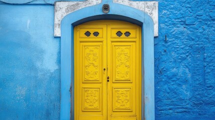 A vintage yellow door with intricate details, set against a vivid blue textured wall.