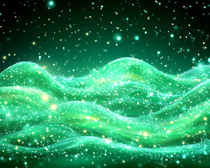 Emerald green glittering waves with sparkling particles on dark background