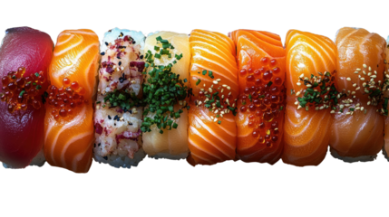 Sushi Delight: A culinary spectacle unfolds with a vibrant array of artfully arranged sushi pieces, showcasing the fresh ingredients and exquisite flavors of Japanese cuisine.