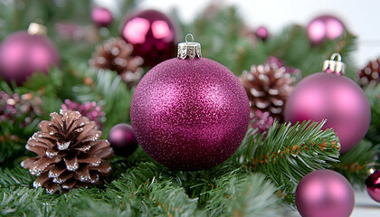 Fototapeta premium Festive purple ornaments nestled in evergreen boughs with pine cones