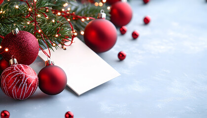 Festive red ornaments, evergreen boughs, lights, and blank tag on a light blue background