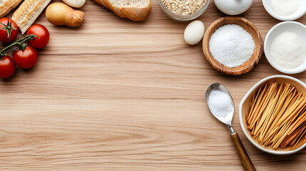 Flat lay of assorted food ingredients on wood background with copy space