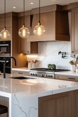 Elegant open-plan kitchen with white marble countertops