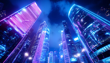 Futuristic city skyscrapers illuminated with vibrant neon lights at night, viewed from below