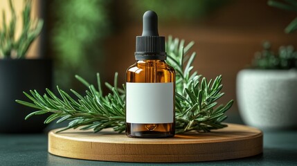 Fototapeta premium Dropper bottle with rosemary on wooden tray 