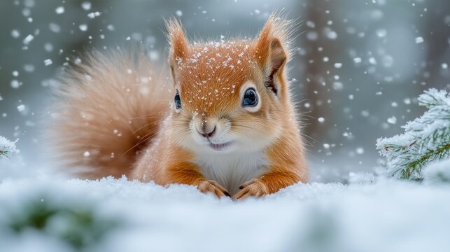 Adorable squirrel in snowy winter wonderland